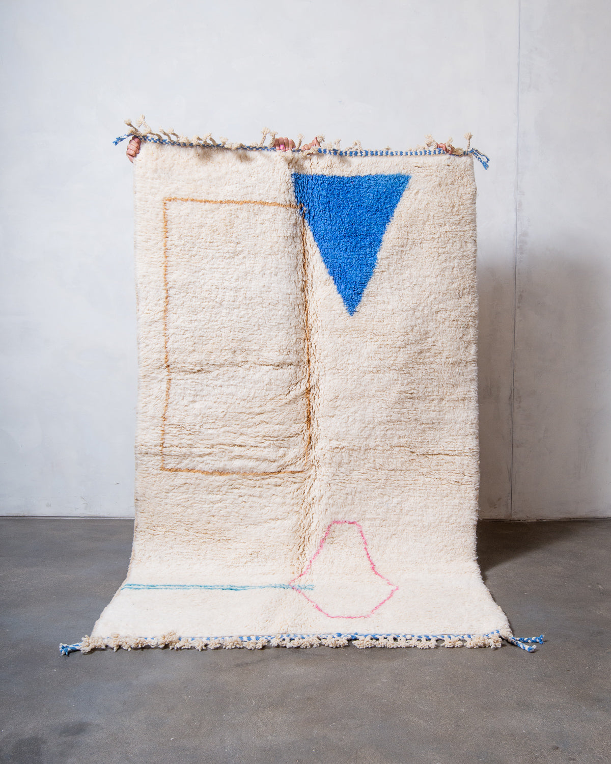 Modern, designer, handcrafted Berber rug from Morocco. Beniourain carpet with beautiful colours and patterns and fluffy wool texture.